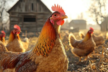 Fototapeta premium Golden Rooster Among Hens Near Rustic Barn