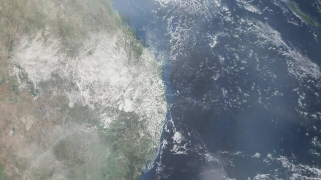 Zooming in on Brisbane, Australia frome space - Perfect for Travel Intros and Backgrounds. Realistic 3D Animation.