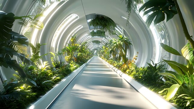 Futuristic Tropical Corridor: A Serene Architectural Wonder