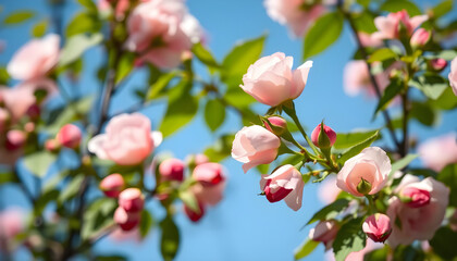 Obraz premium Beautiful spring border with a blooming rose bush under a clear blue sky. Vibrant flowering rose hips in soft focus, capturing the essence of springtime beauty and natural elegance