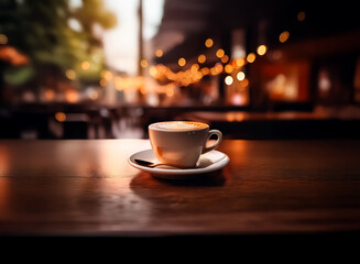 A cup of cappuccino sits on a wooden table, illuminated by warm light.  A blurred background with soft bokeh creates a cozy, inviting atmosphere.
