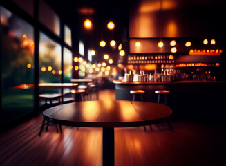 Warm interior view of a dimly lit restaurant at night. Soft bokeh lights and dark furniture create a cozy and inviting ambiance for dining and drinks.