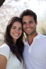 Obraz premium A man and woman are smiling at the camera. The man is wearing a white shirt and the woman is wearing a white dress. They are posing for a picture together