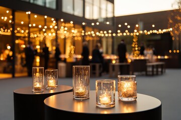 Elegant evening gathering with glowing candles and festive lights in a modern outdoor setting