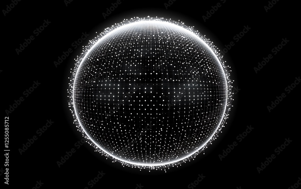 Poster abstract sphere of interconnected points, glowing white rim on black background. use digital art, ab