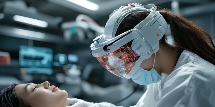 A medical professional wearing advanced safety gear tends to a patient in a futuristic healthcare setting, showcasing modern medical technology.