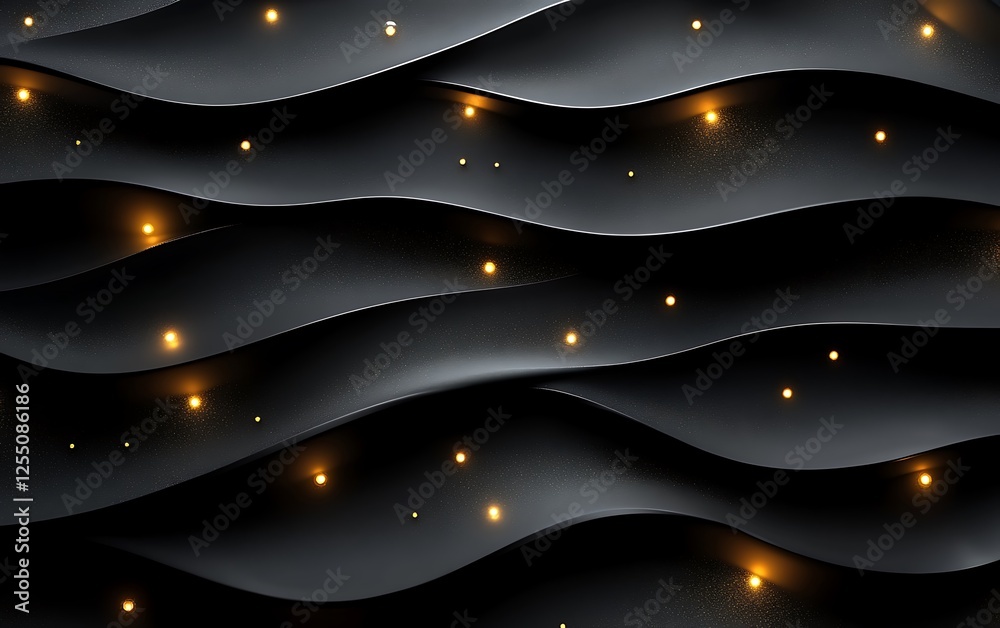 Aufkleber abstract black wavy surface with glowing golden dots. background design for product presentation