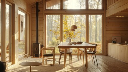 Fototapeta premium Sunlight Illuminates Wooden Cabin Dining Room with Forest View