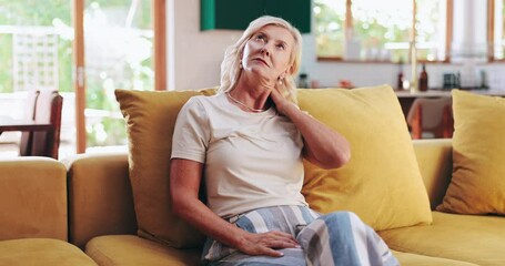 Elderly woman, neck pain and stretching on sofa with discomfort, wrong posture and pinched nerve in home. Senior person, back injury or massage muscle in living room with tension, arthritis or relief - Powered by Adobe