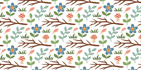 Seamless pattern with spring and summer forest woods plants. Mushrooms, leaves, branches, grass, flowers. Vector background with woodland botanical elements for scrapbooking, textiles.
