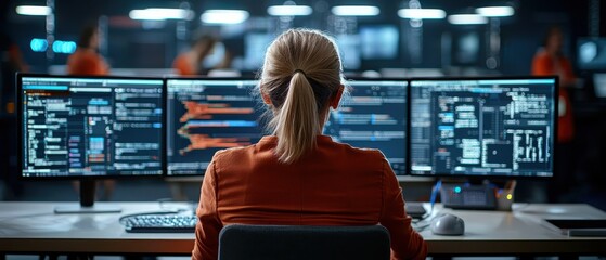 A woman with a ponytail is seated at a desk, focused on multiple computer screens displaying code and data in a modern tech environment.