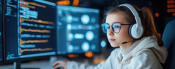 A focused young girl wearing headphones works at a computer, analyzing code and engaging with digital data in a tech-savvy environment.