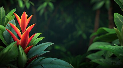 Glow forest idea. Vibrant red flower amidst lush green foliage in a tropical environment.