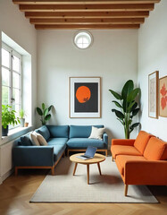 Modernes Wohnzimmer mit Farbakzent – Stilvolle Kombination aus Blau und Orange