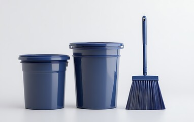 Blue cleaning buckets and broom on white background; cleaning supplies
