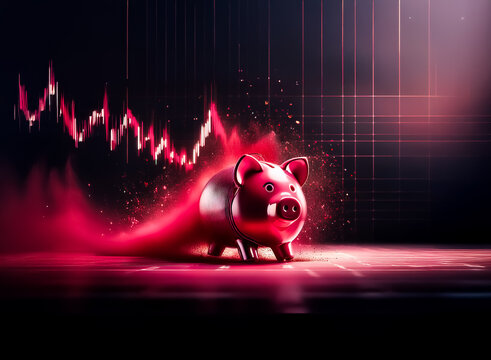 Red piggy bank sprinting with a financial graph backdrop.  A sense of urgency and potential economic downturn is conveyed through the dramatic red lighting and declining chart.