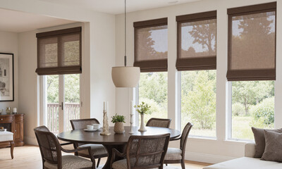 Mocha Musse self-adjusting window shades that automatically adapt to external light conditions and user preferences. The shades, framed in mocha