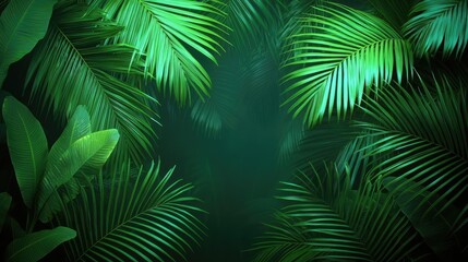 Glow forest idea. Lush green palm leaves creating a serene tropical atmosphere in the jungle.
