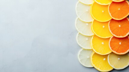 Vibrant, colorful citrus slices arranged in a gradient on a light background, ideal for food-related themes, healthy eating, or summer promotions