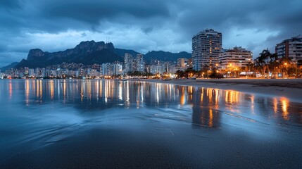 Fototapeta premium City beach skyline at dawn, reflection in calm water. Possible use Stock photo for travel, real estate, or tourism websites