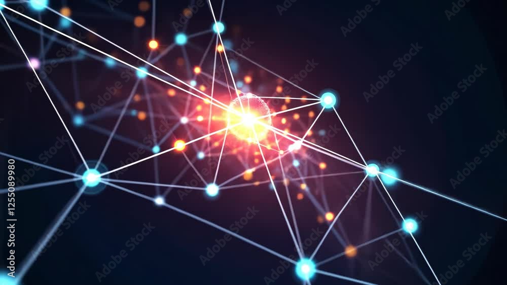 Poster dynamic glowing network of interconnected nodes in motion