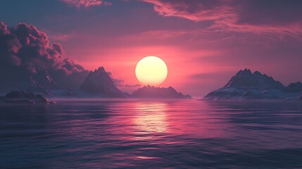 Dramatic sunset over a calm sea with snow-capped mountains.