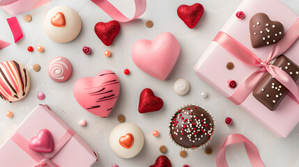 Delightful chocolates and heart shaped treats create festive Valentines atmosphere