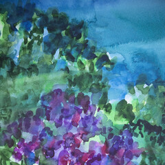 Watercolor fluid wet brush strokes structure. Abstract blooming purple wisteria. Morning mist on greenery brush strokes effect.