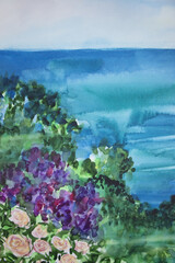 View from blossom greenery hilltop on water surface with skyline. Hand painted smudges and wet stains watercolor effect. Original painting with space for text. 