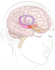 Illustration of a female human head showing the brain and the structure of the amygdala, part of the limbic system, which regulates emotions, fear, and aggression.