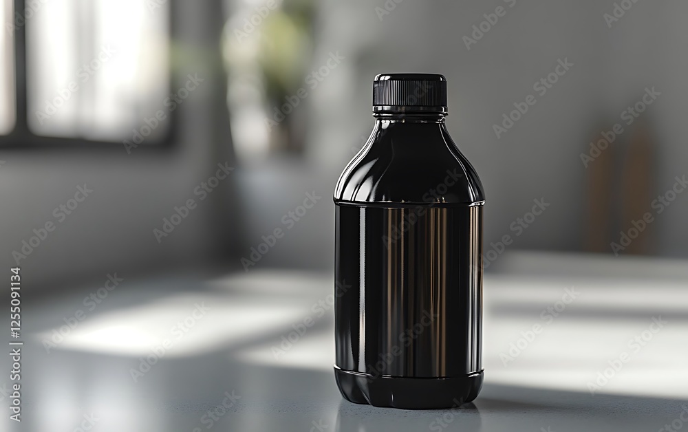 Poster black bottle on table in modern interior. possible use mockup for product design