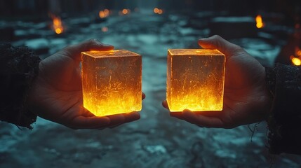 Glowing Business Cards Exchanged in Collaborative Professional Setting