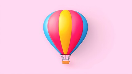 Naklejka premium A vibrant hot air balloon in red, yellow, and blue, set against a soft pink background, perfect for travel, adventure, or event promotions, Ideal for websites, brochures, or social media graphics,