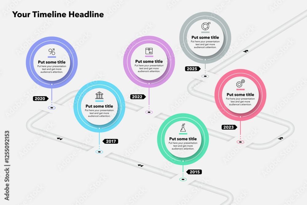 Fototapete Curved roadmap timeline template with six pointers. Simple  infographic design with icons and thin lines for workflow layout, banner or web design.