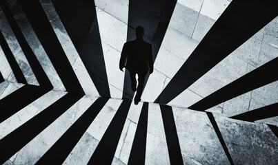 A Captivating Silhouette in Monochrome: Exploring Urban Shadows and Dynamic Movement through Architectural Depth