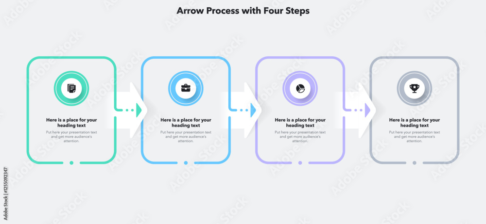 Poster Arrow infographic process template with four steps. Graphic diagram with numbers and icons for workflow layout, banner or web design.