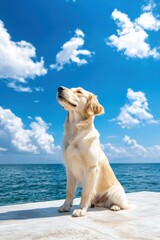 Obraz premium Golden retriever enjoys a sunny day by the sea outdoor pet photography bright sky tranquil environment