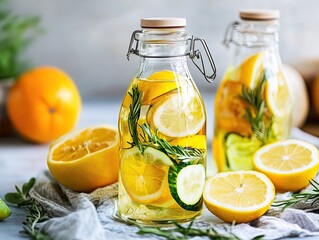 Refreshing Citrus Infused Water in Glass Bottles with Lemon and Rosemary