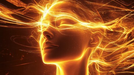 Obraz premium A woman with glowing light trails flowing from her face symbolizes the ethereal connection between thought and energy representing the fluid nature of ideas in a cosmic context