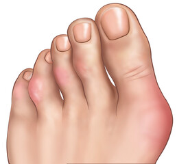 Illustration of the foot affected by Gout, this is an inflammatory arthritis, caused by elevated uric acid, causing pain, swelling, and redness, mainly affecting the big toe.