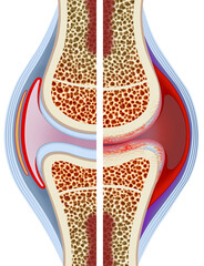 A diagram illustrating inflammation in the knee joint due to rheumatoid arthritis can be seen and compared with half of the image of a healthy joint.