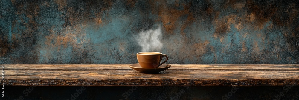 Leinwandbilder warm coffee cup with steam on rustic wooden table creating a cozy atmosphere in a casual setting. ge