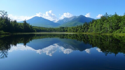 Fototapeta premium Mountains cast their stunning reflection on the calm lake under a bright blue sky