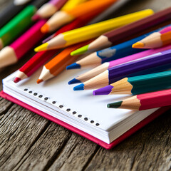 Naklejka premium Colorful Pencils on Sketchbook: A vibrant collection of colored pencils arranged on a sketchbook resting on rustic wooden texture, capturing the essence of creativity and artistic inspiration.