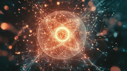 A glowing atomic structure with a central nucleus surrounded by orbiting electrons. The atom is shown against a dark background with a network of lines and dots.