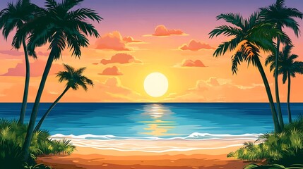 Idyllic sunset over tranquil ocean beach, framed by palm trees.