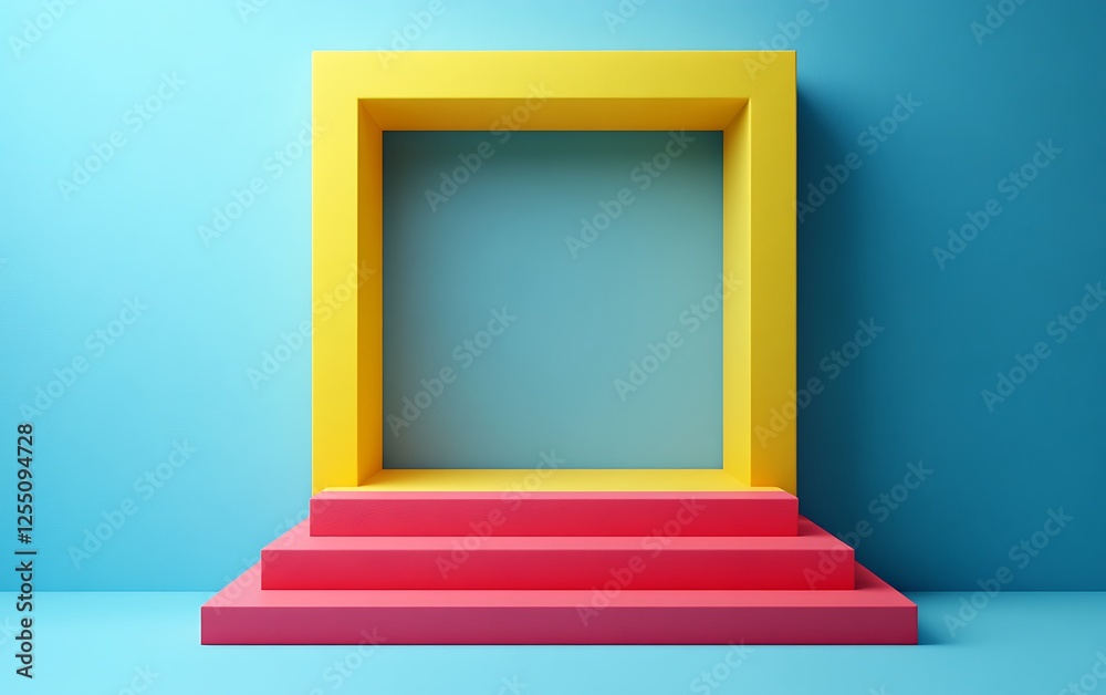 Poster abstract geometric scene with yellow frame and pink steps