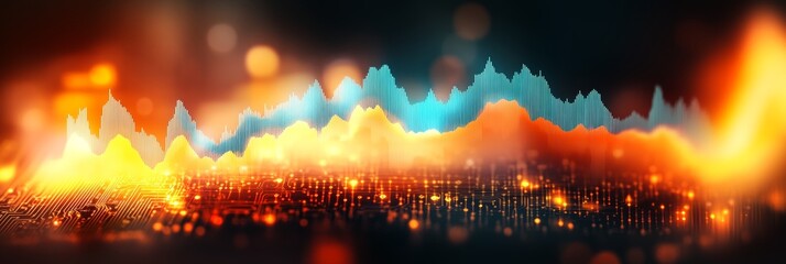 Blue and Orange Stock Market Chart with Glowing Data Points over Circuit Board Background