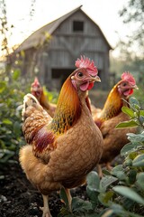 Golden hens stand near rustic barn at sunrise
