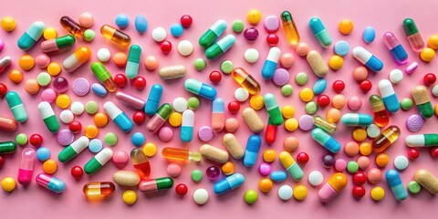 Fototapeta premium A vibrant collection of assorted capsules and tablets scattered on a pink background, showcasing a diverse range of shapes, sizes, and colors.